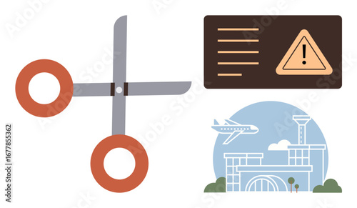 Scissors with red handles, warning sign on brown board, airplane near terminal. Ideal for safety, prohibited items, travel tips, airport rules, regulations, awareness campaigns simple flat metaphor