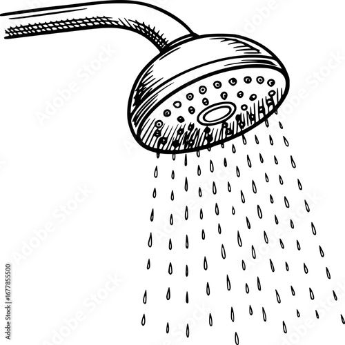 Refreshing Shower: A hand-drawn illustration of a shower head with cascading water droplets, representing cleanliness, relaxation, and rejuvenation.
