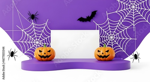 Halloween scene with two carved pumpkins a purple podium, decorated with spiderwebs and bats, against a purple, suitable for holiday promotions and decorations