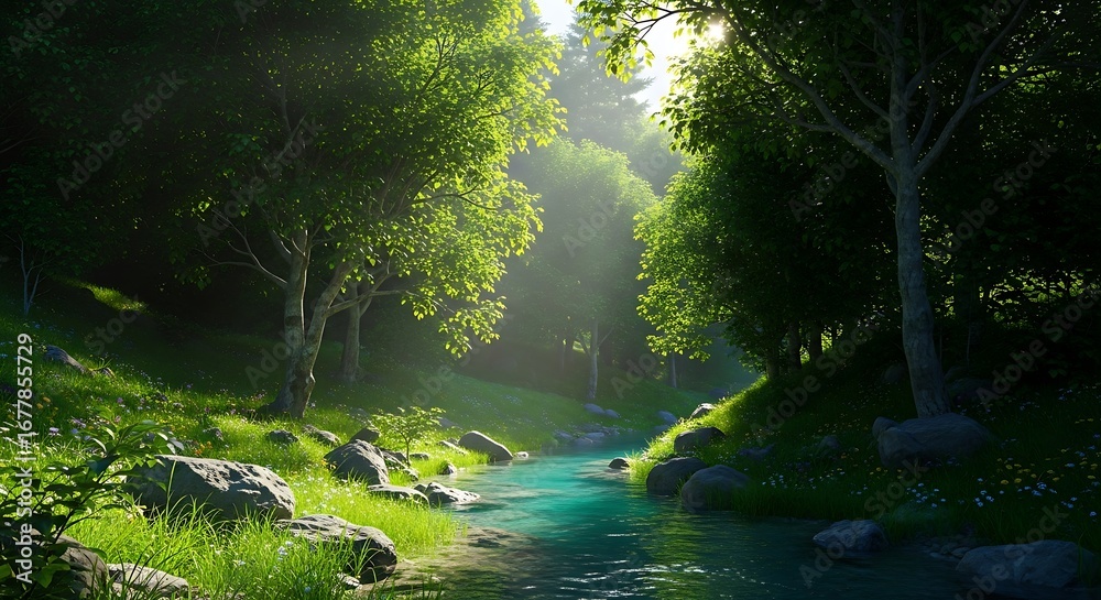 Obraz premium Sunlit Forest Stream Landscape.