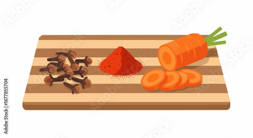Chopped carrots, paprika powder, and cloves on a wooden cutting board.