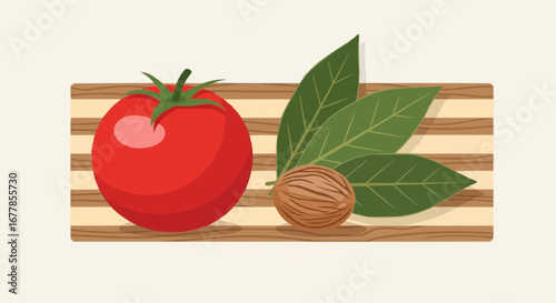 Tomato, bay leaves, and nutmeg on a wooden cutting board illustration.