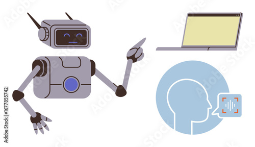 Robot pointing towards technology visuals including laptop and a human profile with sound wave recognition. Ideal for AI, automation, voice technology, machine learning, education, innovation
