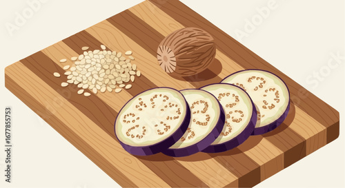 Sliced eggplant, sesame seeds, and nutmeg on a wooden cutting board.