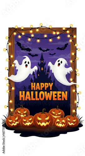 Happy halloween greeting with spooky ghosts, jackolanterns, bats, and a haunted castle, illuminated by festive string lights