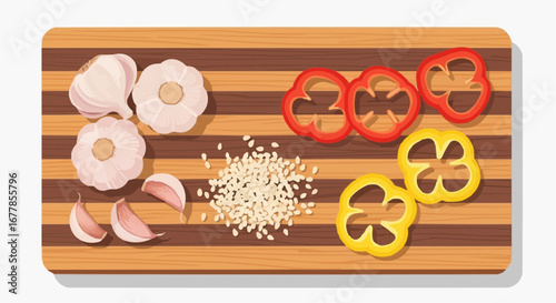Wooden cutting board with garlic, sliced red and yellow bell peppers, and sesame seeds.