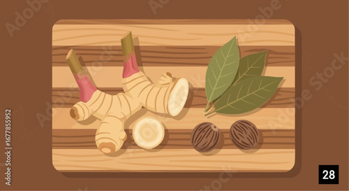 Overhead shot of fresh ginger root, bay leaves, and nutmeg on a wooden cutting board.