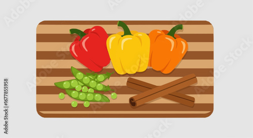 Colorful bell peppers, peas, and cinnamon sticks on a wooden cutting board.