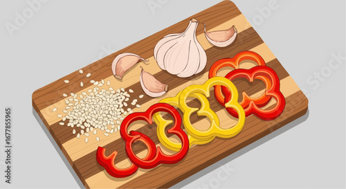Sliced bell peppers, garlic, and sesame seeds on a wooden cutting board.