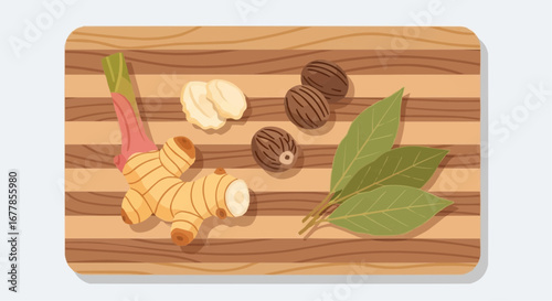 Galangal, nutmeg, bay leaves, and ginger on a wooden board.