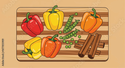 A colorful assortment of fresh vegetables and spices arranged on a wooden cutting board.
