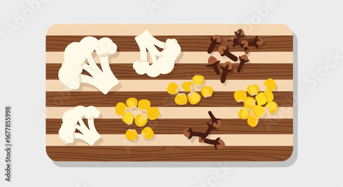 Image of chopped cauliflower and spices on a wooden cutting board.