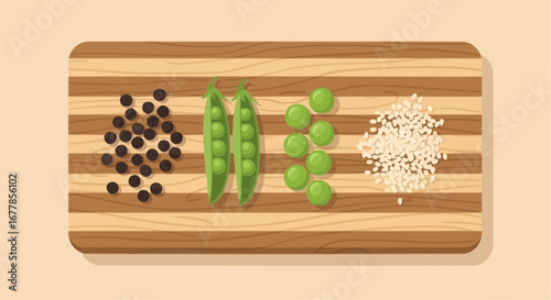 Top-down view of a wooden cutting board with piles of black peppercorns, green peas, and white sesame seeds.