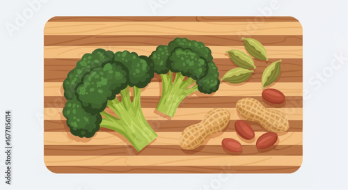 Fresh broccoli florets, peanuts in shells, and shelled peanuts with green leaves on a striped wooden cutting board, ready for cooking.
