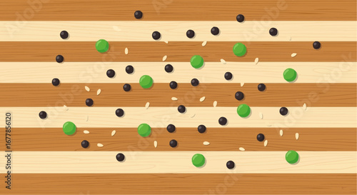 Scattered peas, black pepper, and rice grains on a striped wooden surface.