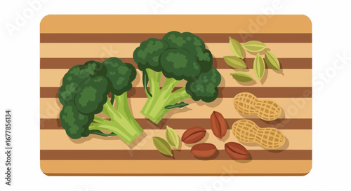 Broccoli, peanuts, and spices on a wooden cutting board.
