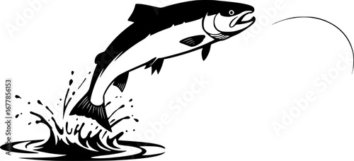 Fish jumping on the water surface,fishing logo. Unique and fresh salmon jumping.Fish on a white background
