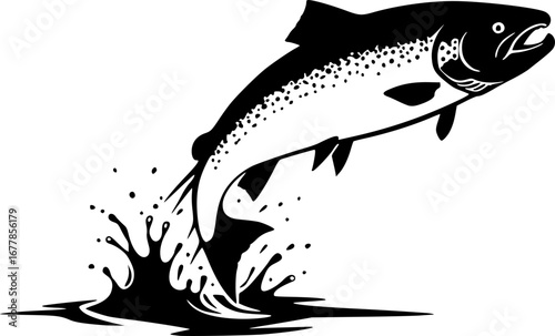 Fish jumping on the water surface,fishing logo. Unique and fresh salmon jumping.Fish on a white background
