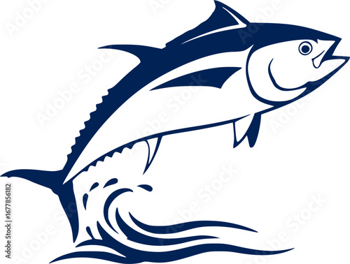 Tuna fishing logo. Unique and fresh tuna jumping.Fish on a white background