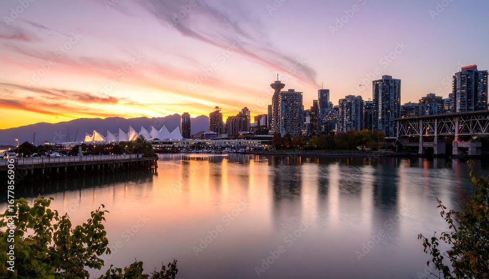 Naklejka premium City skyline reflected in calm water at sunset