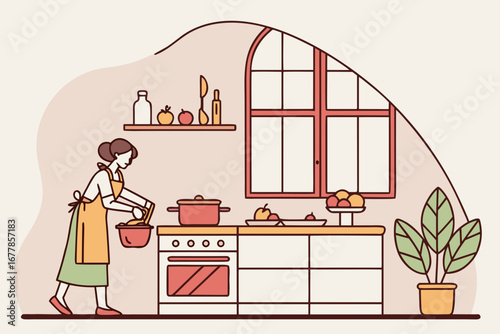 Flat vector illustration of woman cooking in cozy kitchen interior at home