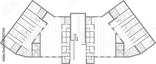 Modern architectural apartment floor plan layout, showing detailed multi-unit design, room divisions, efficient space planning, and contemporary residential layout.