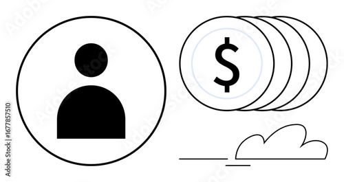 Dark user icon enclosed in a circular frame next to stacked coins with dollar sign, and a minimal cloud element. Ideal for finance, business, profile, savings, economy, investment, simple flat