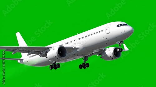 White commercial airplane flying on green screen chroma key background for travel videos