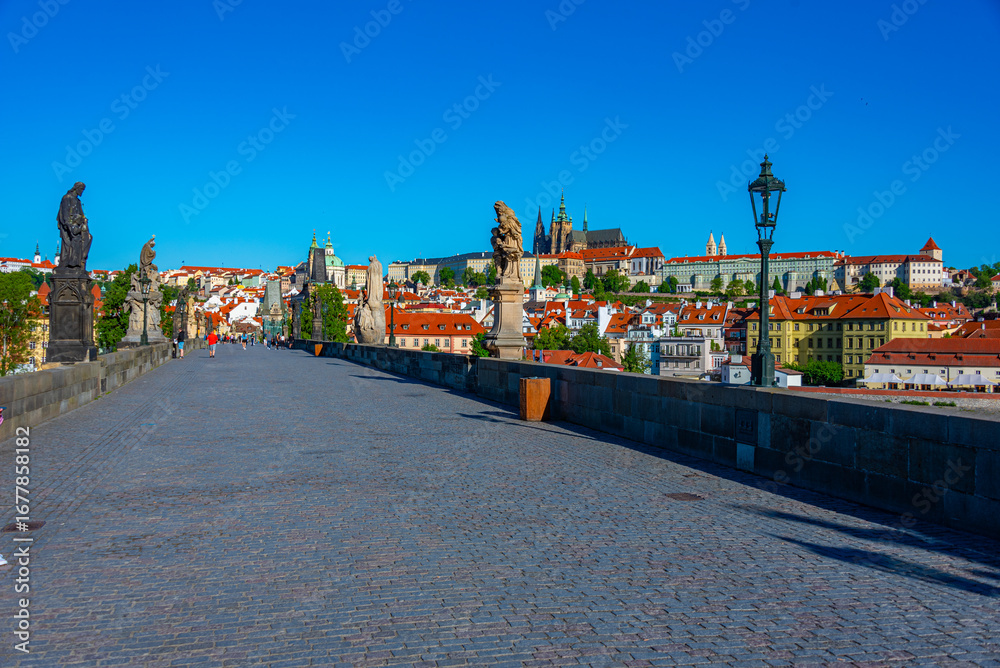 Obraz premium People are passing Charles bridge in Prague, Czech republic
