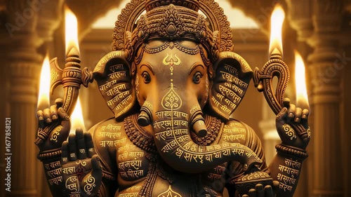 Close-up of a golden Ganesha statue holding lit diyas in a temple with warm lighting.