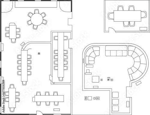 Modern office layout blueprint, coworking space floor plan, architectural CAD drawing of workspace zones, meeting rooms, and lounge areas.