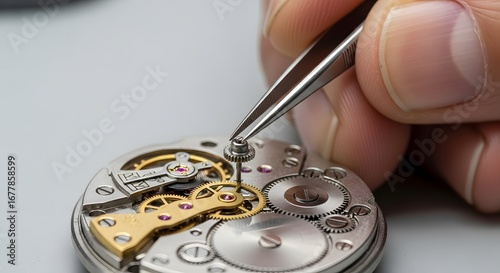 Close up of watchmaker s hand repairing portable mechanical watch with precision tools for detailed craftsmanship and repair work