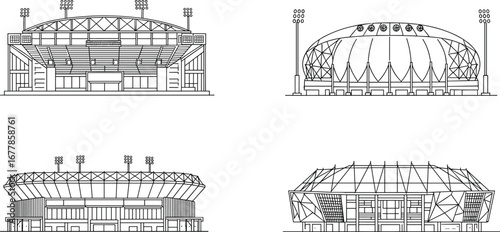 Modern stadium front view illustration, architectural sports arena CAD drawing, vector blueprint sketch, dome structure outline, detailed design