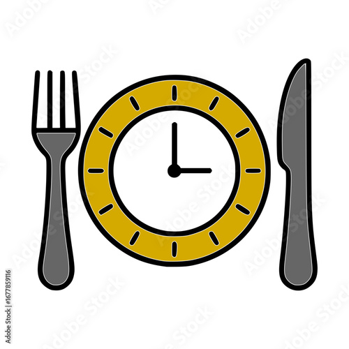 Time to eat! Lunch time with clock, fork and knife