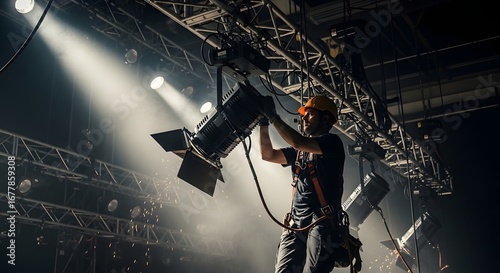 Stage lighting technician operating spotlights on concert rig in dark arena