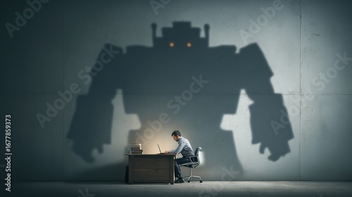 A humanoid robot shadow overseeing a human working symbolizing the agentic AI agent using AGI superintelligence for ASI autonomy during the singularity