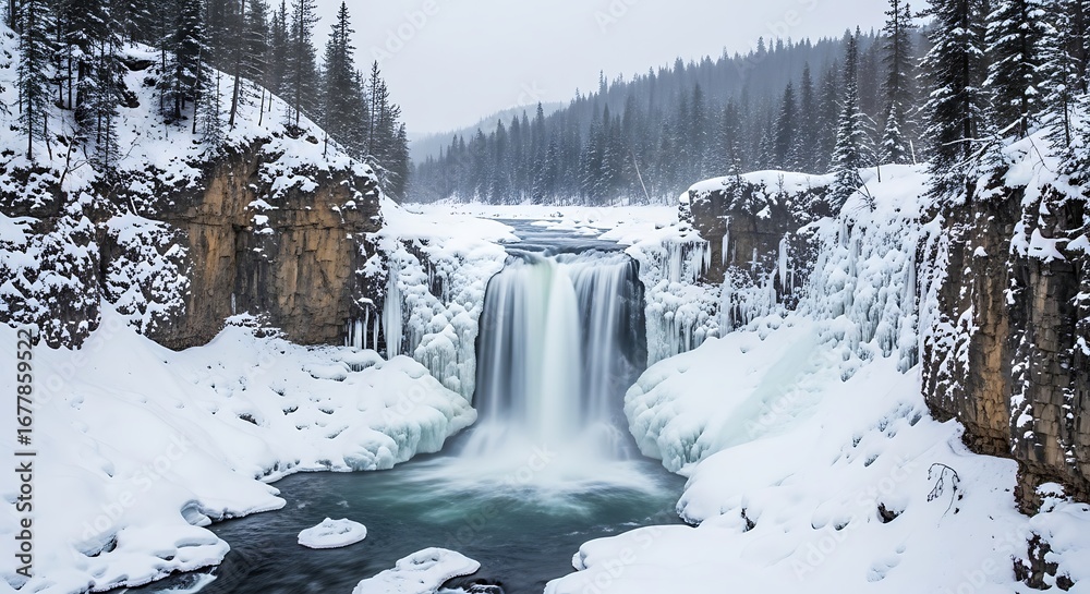 Fototapeta premium Winter Waterfall Landscape with Snow and Ice.