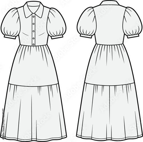 Puff sleeve tiered dress front and back view, CAD flat fashion vector illustration for garment design and technical drawing use