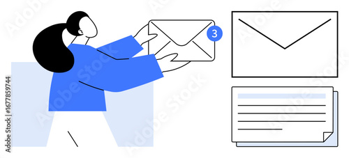 Woman reaching for an envelope with a notification badge, alongside a closed envelope and a letter. Ideal for email, messaging, communication, notifications, correspondence, technology, simple flat