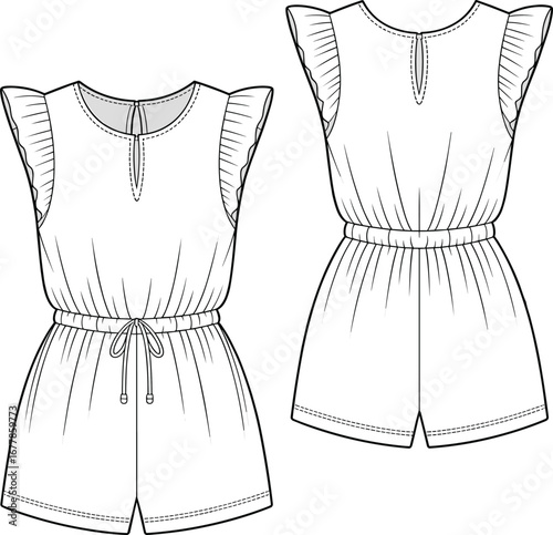 Ruffle sleeve, short romper, drawstring waist, front and back view, fashion flat, cad sketch, vector outline, technical design