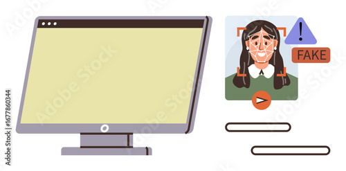 Computer with facial identification revealing altered deepfake content, warning alerts, and play button. Ideal for technology, identity verification, cybersecurity, online ethics, AI, fraud