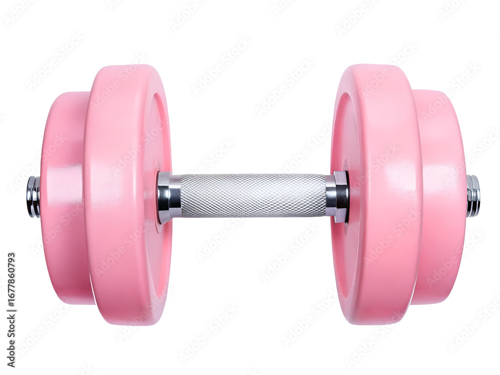 Obraz premium Pink dumbbell with a silver handle, symbolizing fitness and strength training isolate on transparent background, cutout, png