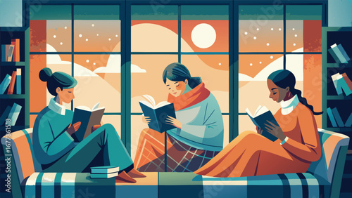 People wrapped in chunky knit blankets reading books on a window seat, muted pastels, cozy intimate mood.