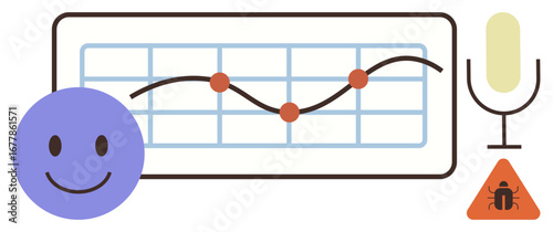 happy face beside progress chart with points, a microphone, and bug alert. Ideal for data analysis, audio tools, feedback review, voice technology, progress monitoring, security issues simple flat