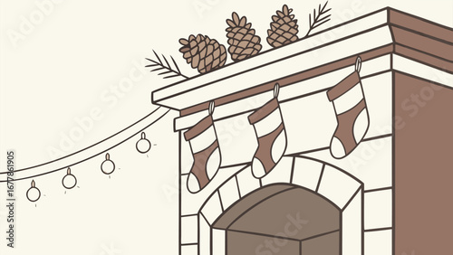 Fireplace mantel decorated with fairy lights and pine cones, stockings omitted, warm neutral palette, mid-century poster style.
