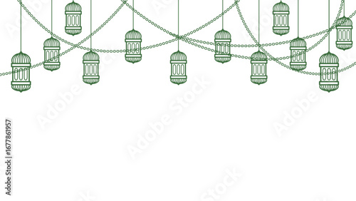 Islamic green lanterns on chains decoration. Decorative vector banner.
