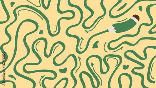 Doodle background with a winding maze and a pencil. Vector illustration.
