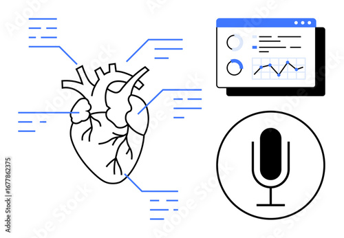 Anatomical heart outline with analytical dashboard and microphone for health monitoring. Ideal for healthcare, technology, science, innovation, cardiology, telemedicine, simple landing page
