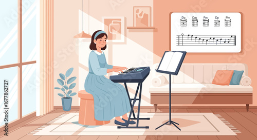 Young woman playing keyboard at home with sheet music in cozy environment