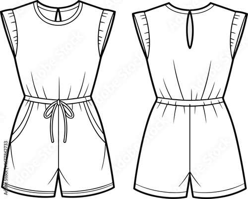 Sleeveless, romper, jumpsuit, drawstring, waist, casual, fashion, flat, technical, vector, front, back, pocket, keyhole, neck, illustration, design, women, apparel, sketch